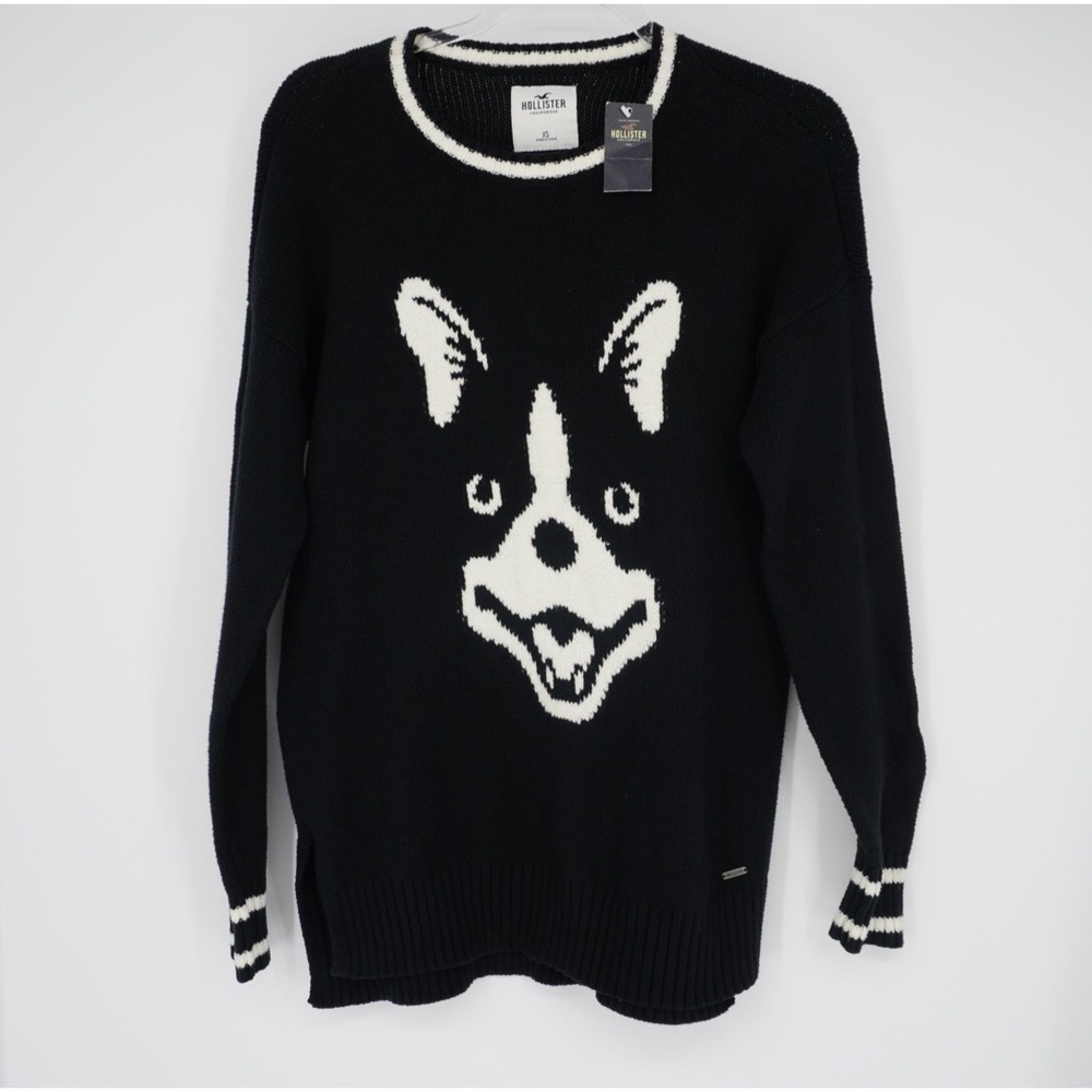 Hollister Womens XS Black White Dog Graphic Knit Crewneck Sweater NEW Preppy